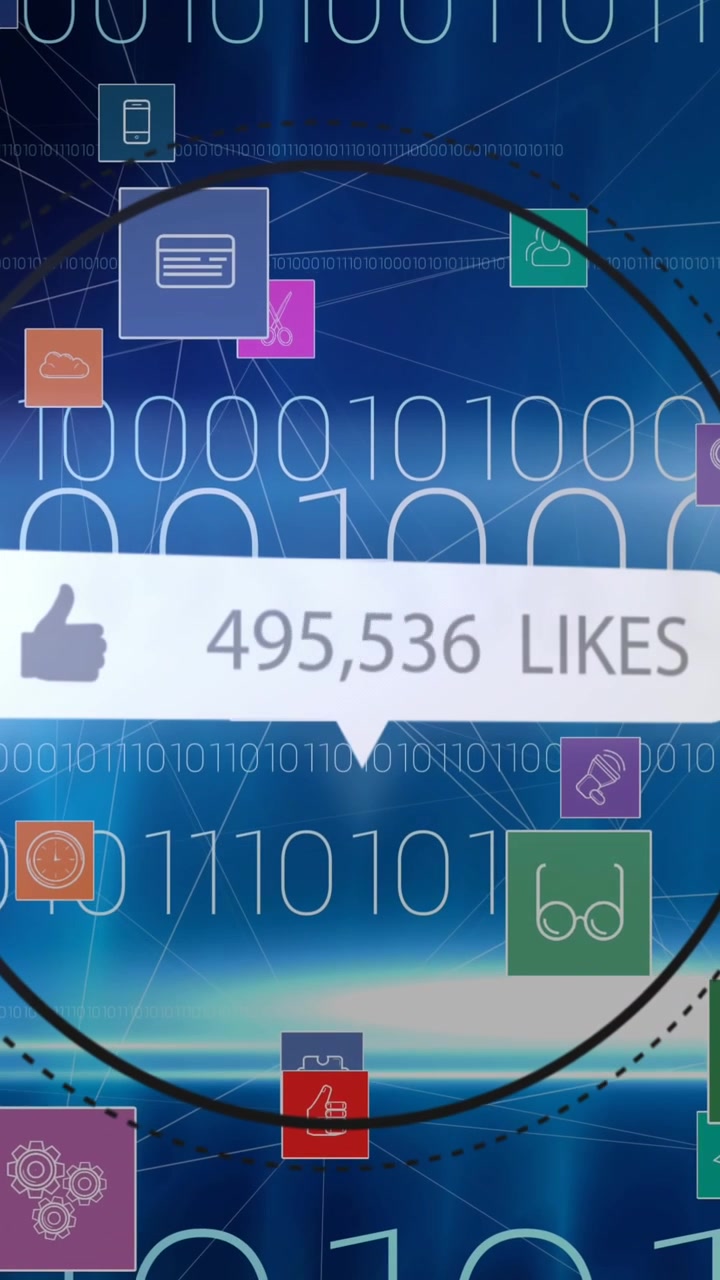 Animation of speech bubble with likes and numbers, digital icons over binary coding on blue