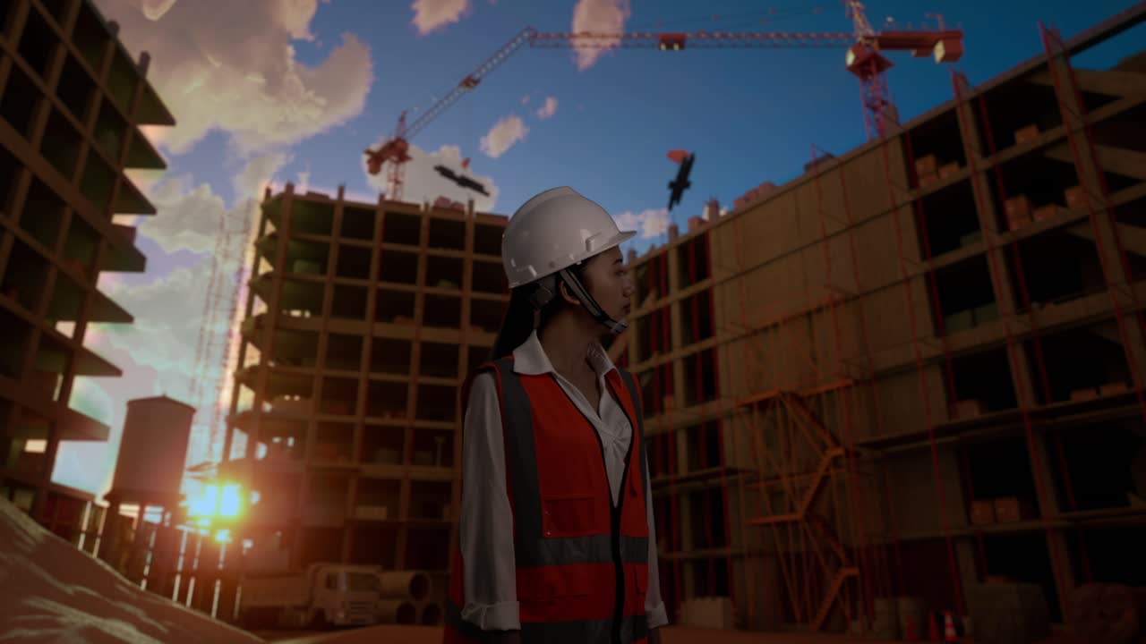 vista lateral de una ingeniera asiática con casco de seguridad mirando a su alrededor mientras está de pie en el sitio de construcción, durante la puesta o salida del sol