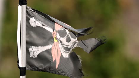 zerfetzte piratenflagge, die gegen einen natürlichen hintergrund winkt