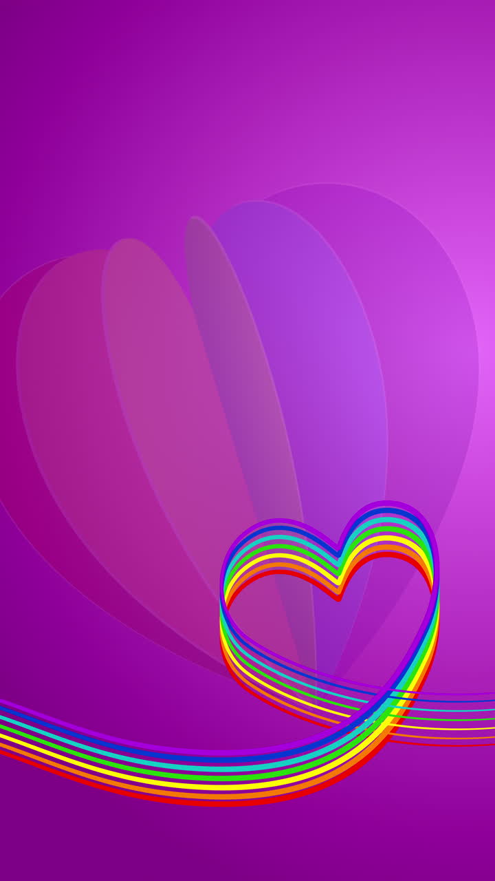 Colorful wavy ribbon of lgbt community. Animation of a love symbol heart on a purple background. Paper heart of rainbow colors. Vertical video.