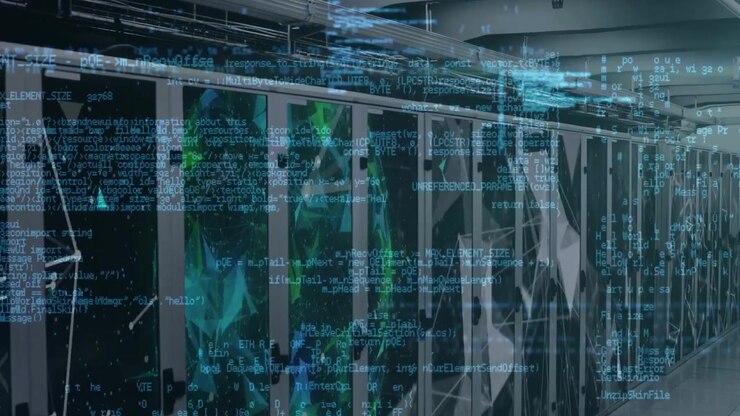 Animation of data processing and globe over servers