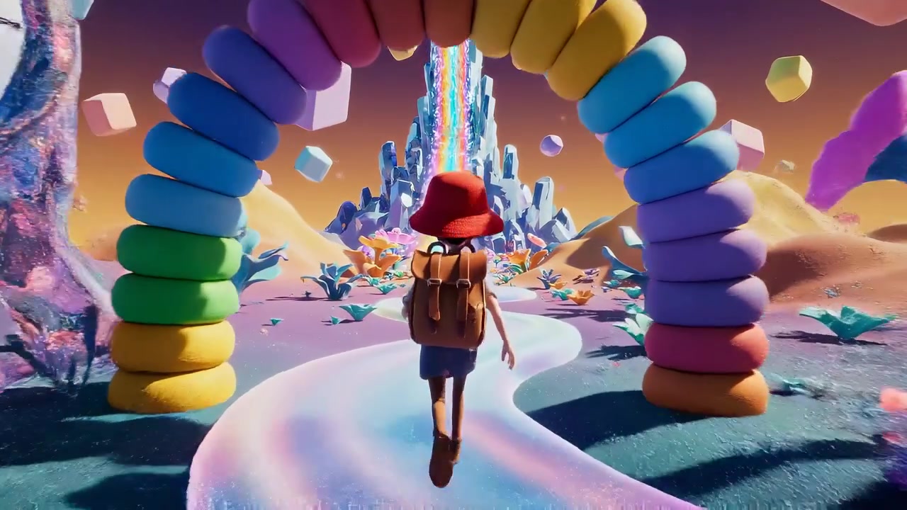 Animated Character Walking Through a Surreal Fantasy Landscape