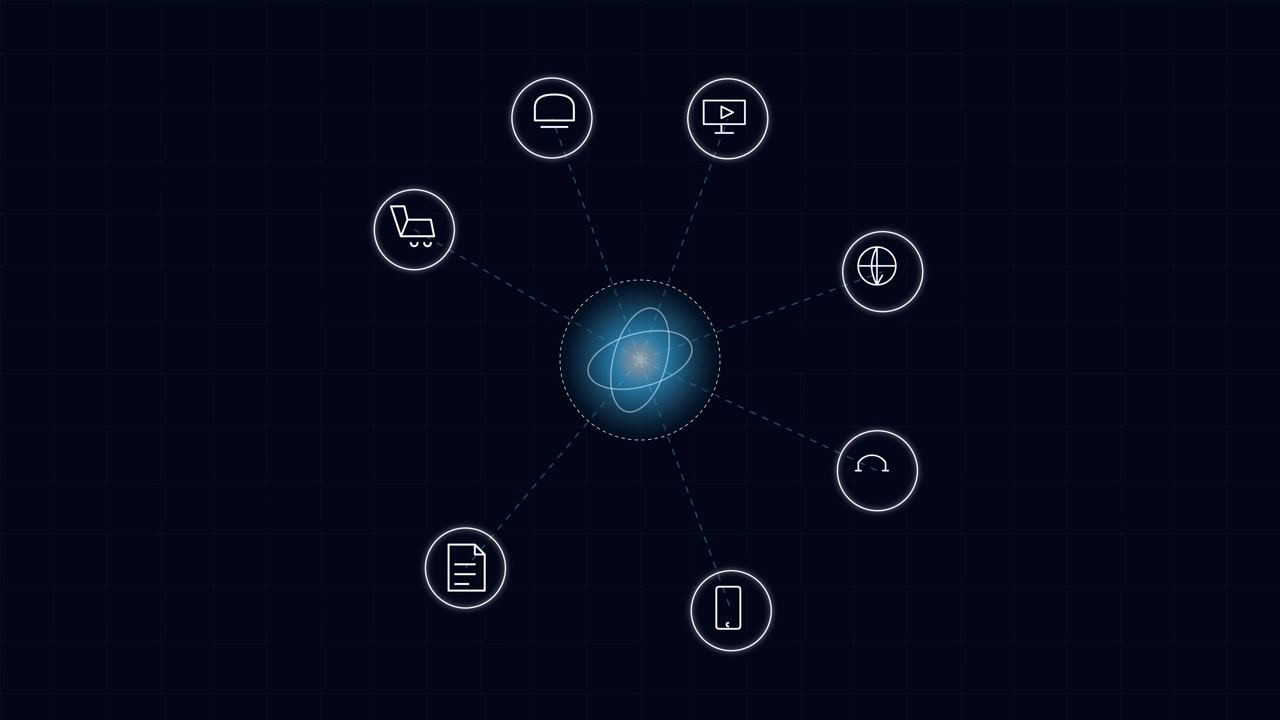 Digital Network Hub with Rotating Icons and Glowing Core