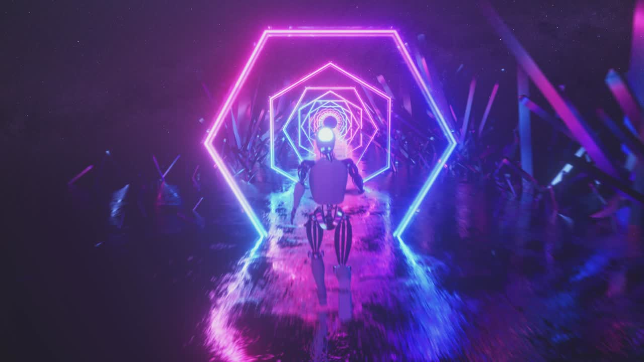 robot corriendo en el espacio exterior abstracto a lo largo de formas geométricas de neón y cristales. bucle sin costuras 3d render