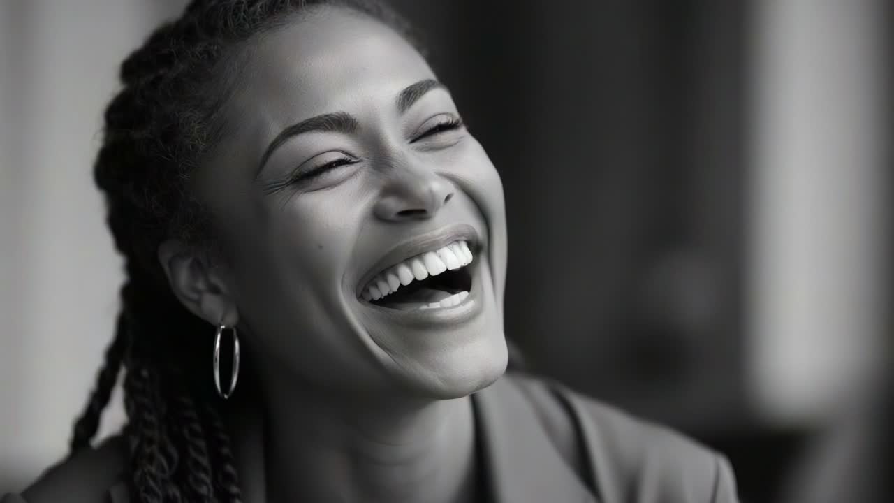 A woman with radiant joy, captured in a moment of pure happiness, showcasing her bright smile and laughter, illuminating the atmosphere with her cheerful presence