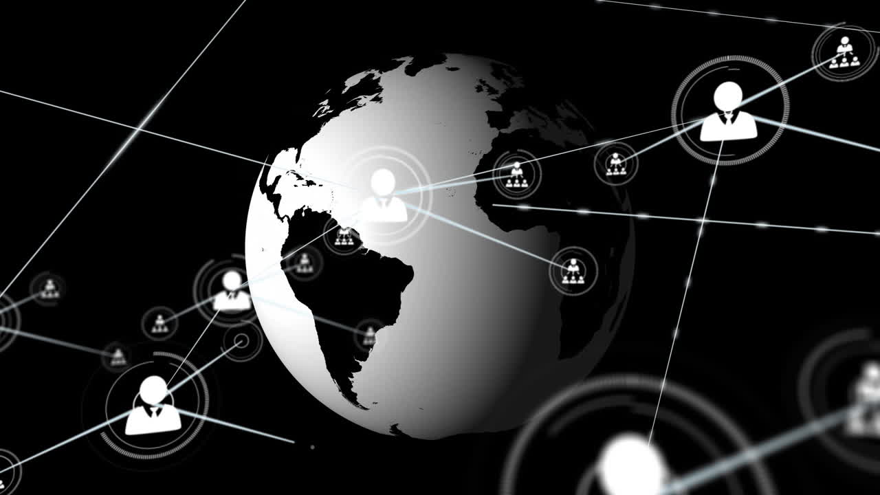 Animation of network of profile icons over spinning globe against black background