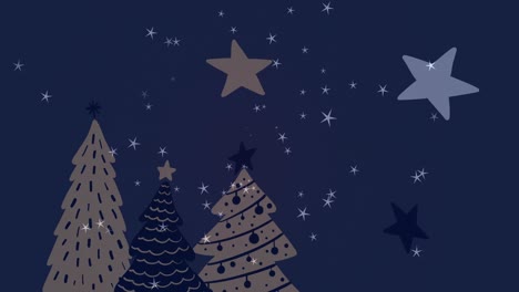 animación de estrellas sobre árboles de navidad en fondo azul.