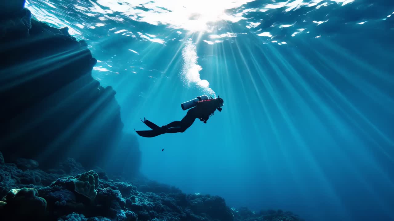 Underwater video scene with a diver silhouetted against sunlit rays
