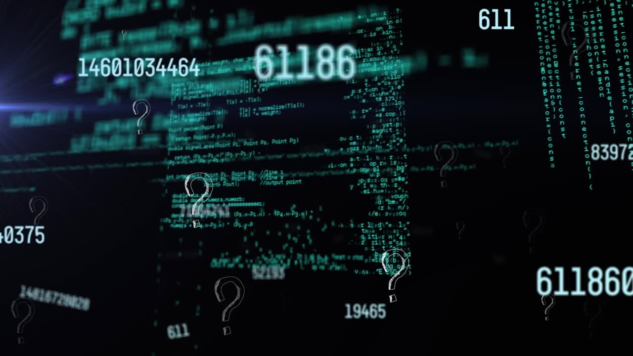 Question mark symbol and multiple changing numbers against data processing on black background