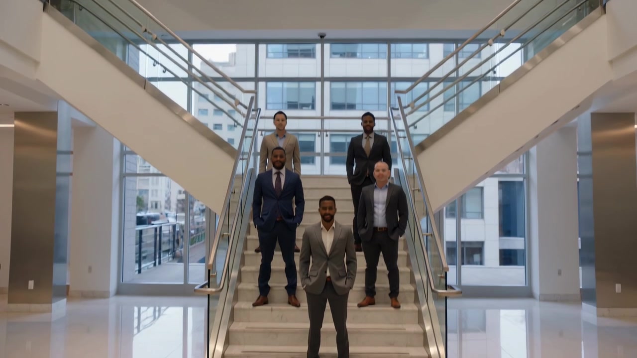 Aparecendo no patamar superior, seis executivos de terno descendo escadas no átrio, formando uma fila escalonada.