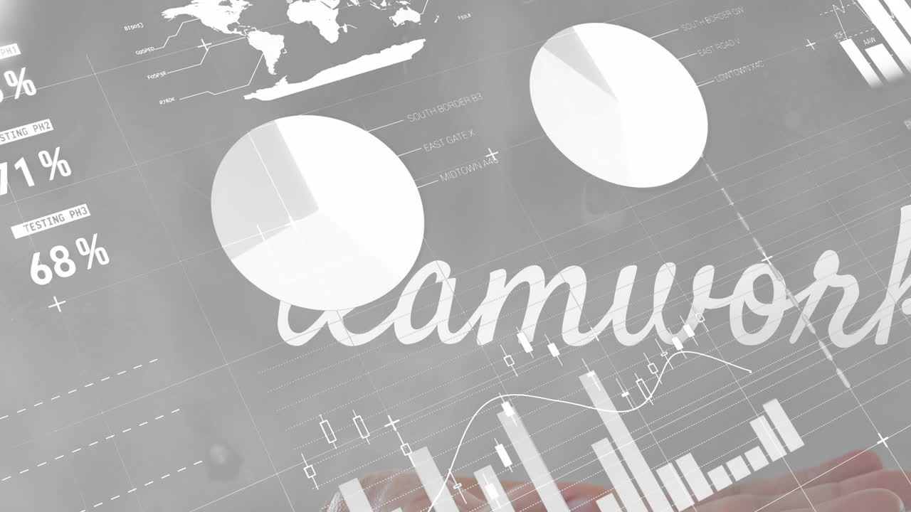 회색 배경의 통계 데이터 처리에 대항하여 컵에 인 손 위에 팀워크 텍스트의 애니메이션