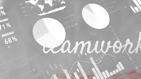 animation of teamwork text over cupped hands against statistical data processing on grey background