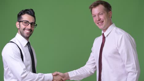 two young multi-ethnic businessmen working together against green background