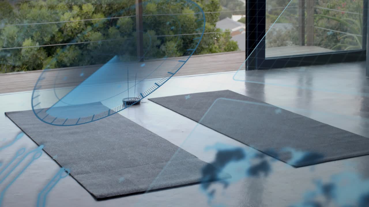 Blue HUD appearing, rotating, sweeping across mats plus disc, scanning and mapping right mat area