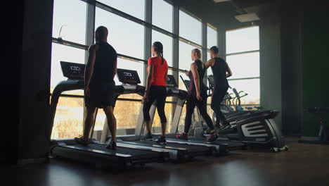 Two-young-fitness-healthy-women-on-treadmill-in-sport-modern-gym.-Fitness-sport-training-people-concept.