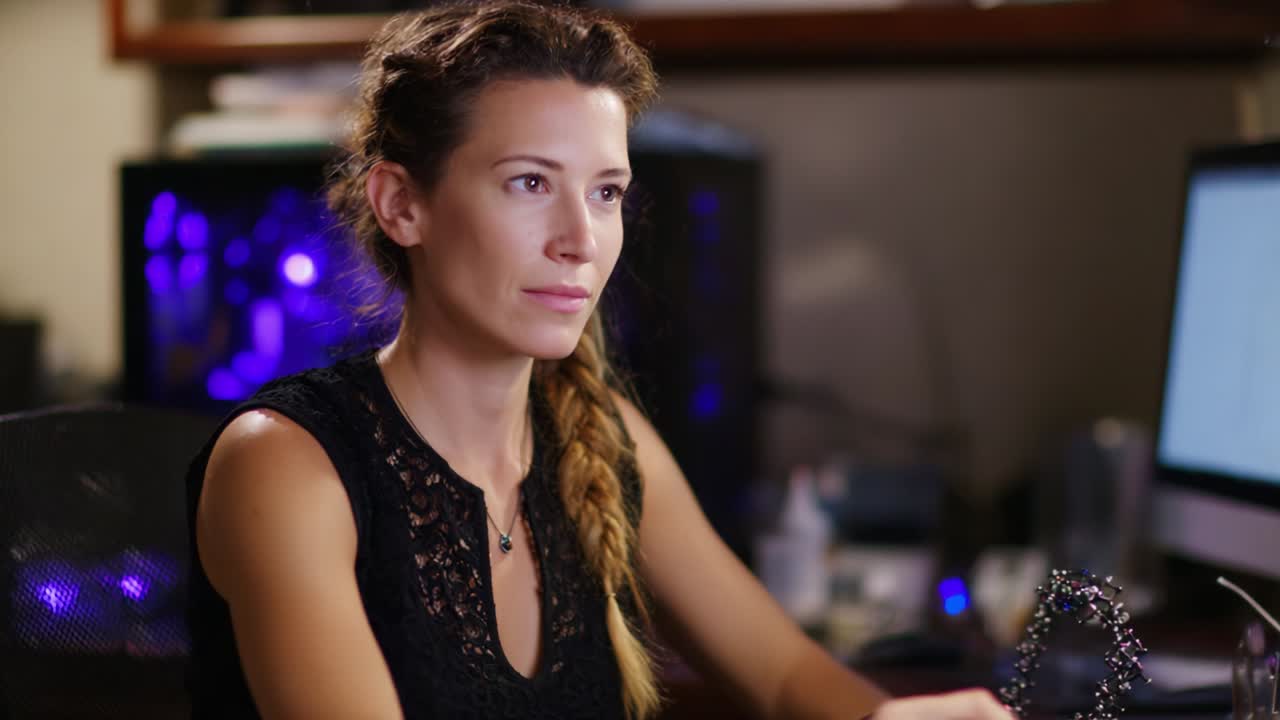 Donna concentrata al computer: un tranquillo momento di concentrazione in un ufficio domestico con illuminazione ambientale e dispositivi tecnologici