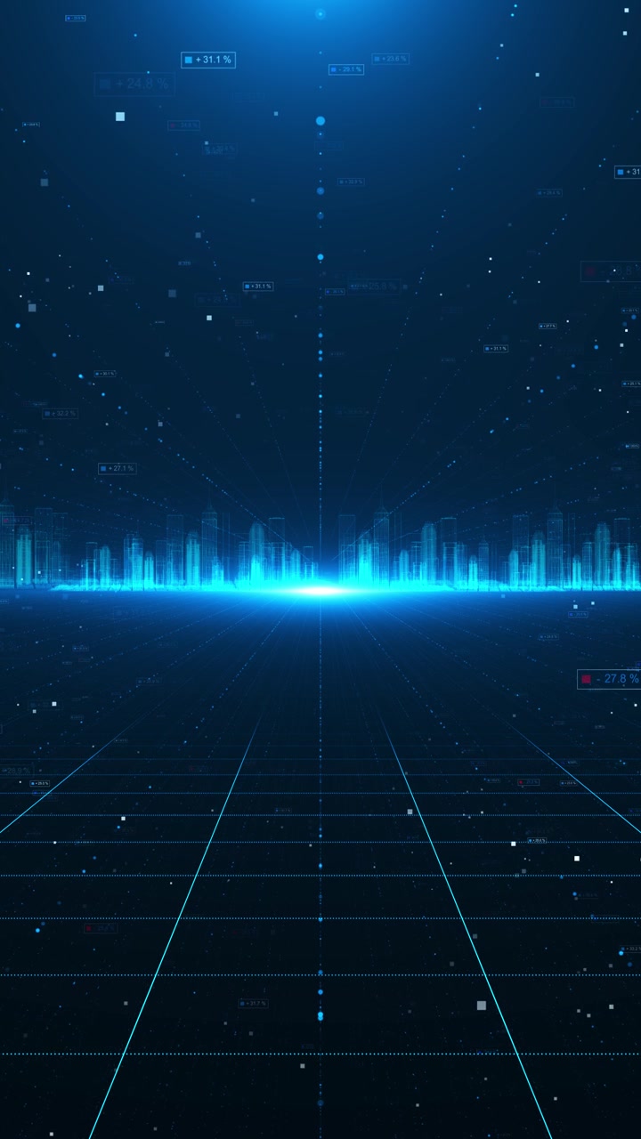Blue smart city technology background buildings digital grid perspective data points futuristic