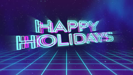 rejilla azul neón con felices fiestas y brillos galácticos