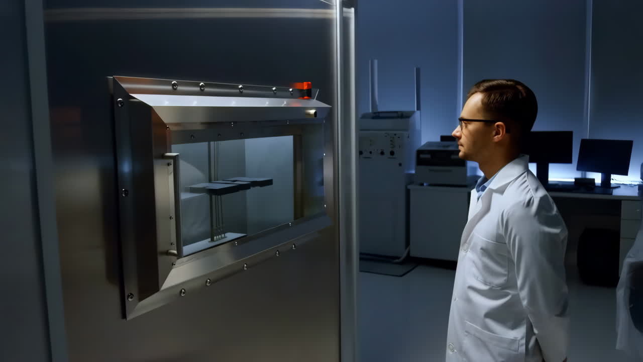 Scientist Observing Advanced Lab Equipment in a Research Facility