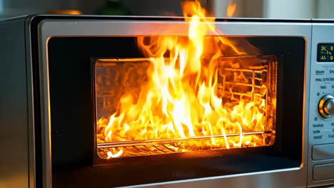 un horno tostador con un fuego dentro de él en un mostrador de la cocina