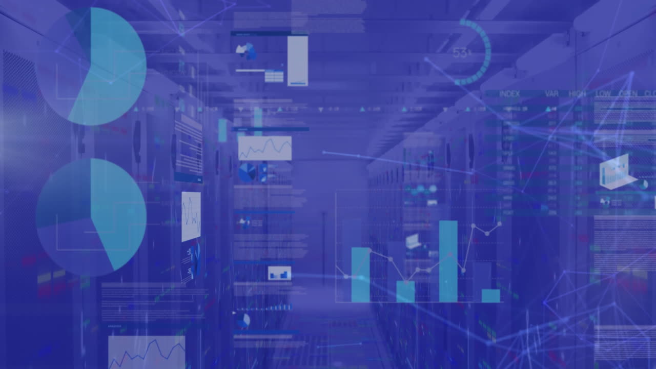 Animation of data processing and stock market over shapes and server room