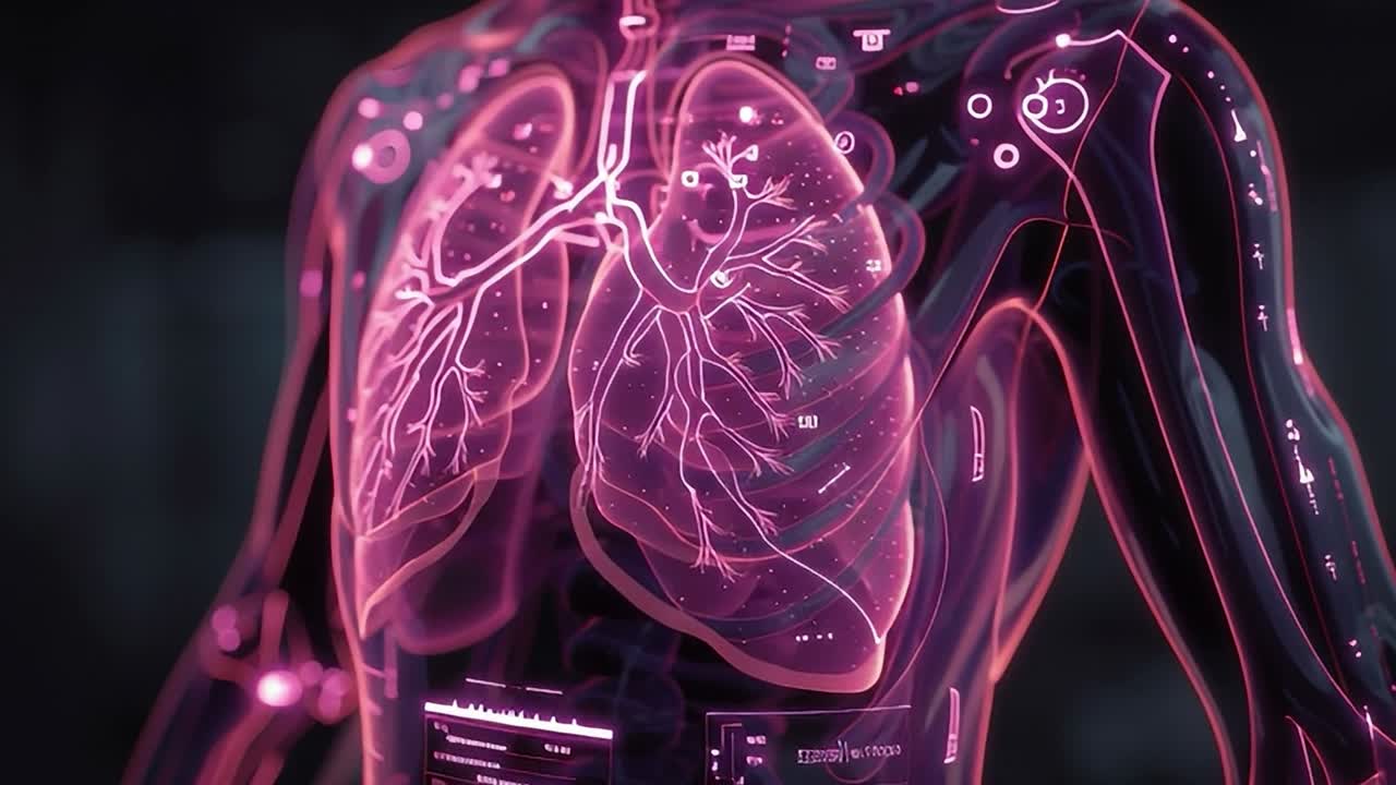 3D illustration of human lungs with digital interface in medical context