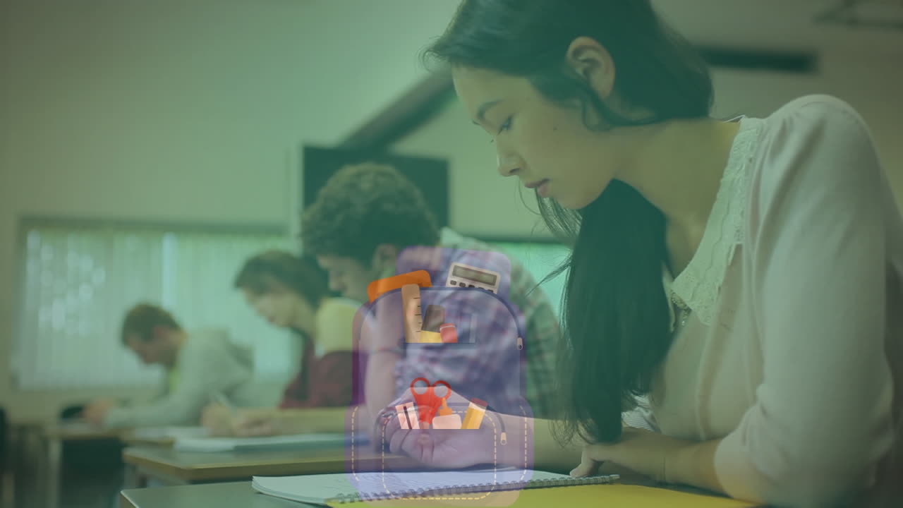 animación de los iconos de los artículos escolares sobre los estudiantes en el aula