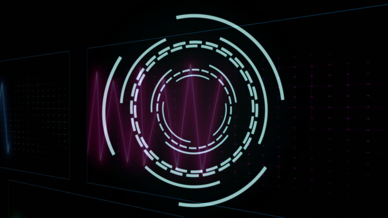 Animation with purple waveforms and circular patterns in futuristic digital interface