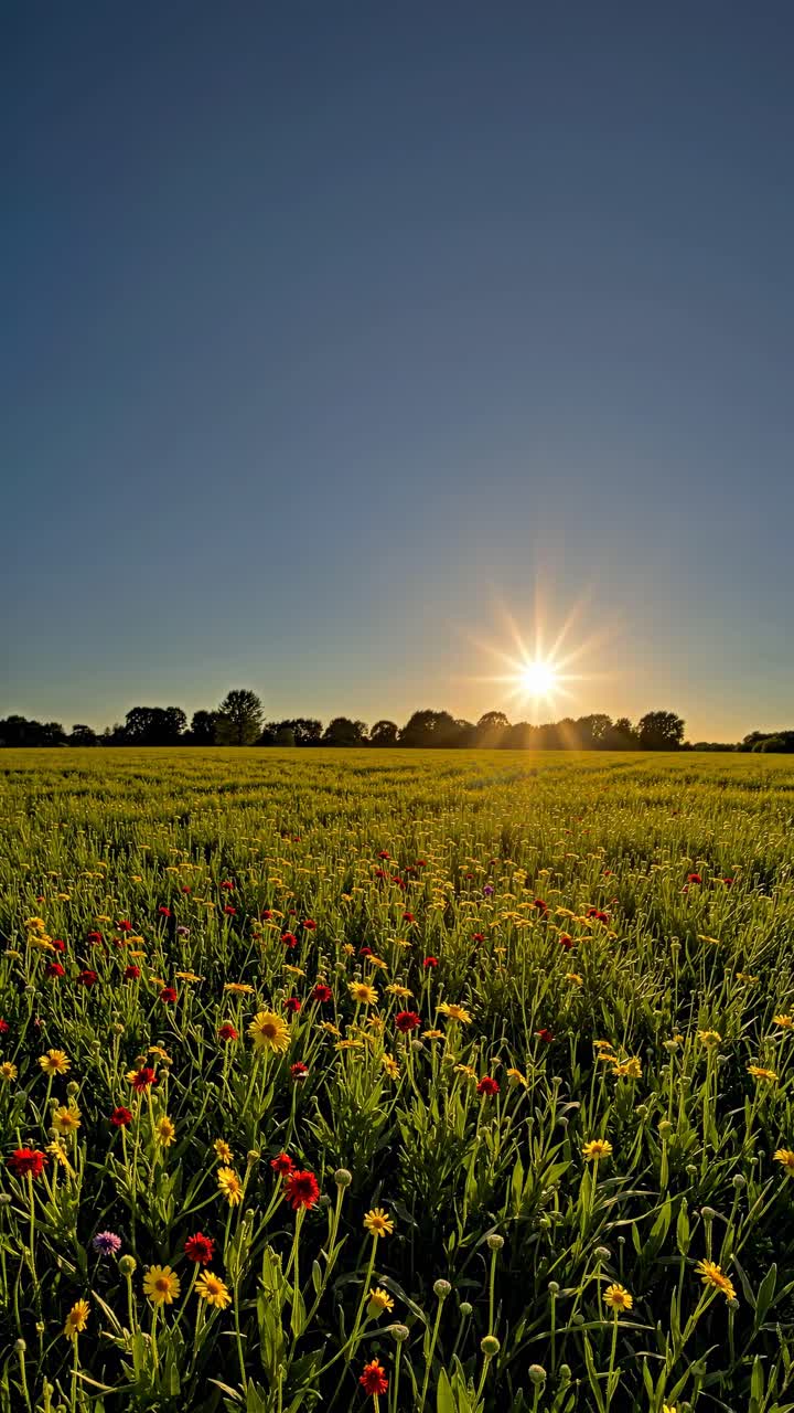 Et vidvinkelbillede af en levende vildblomstermark ved solnedgang, der fanger det gyldne lys og den fredfyldte stemning.