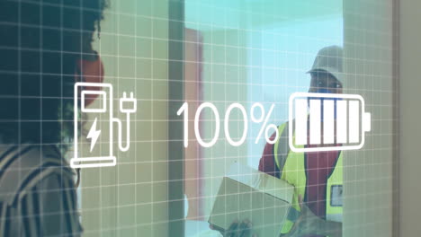 in school, eco-friendly charging animation over construction workers discussing project