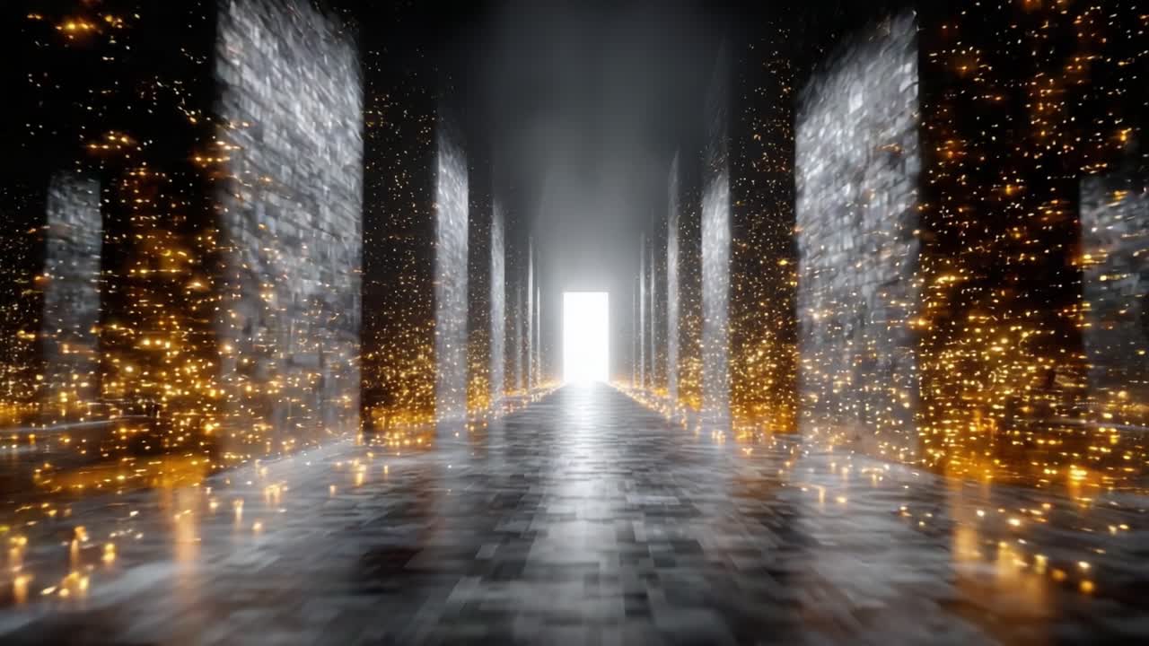 A Mystical Corridor of Light: An Enigmatic Journey Through A Sparkling Hallway Leading To a Glowing Doorway in a Dreamlike Environment