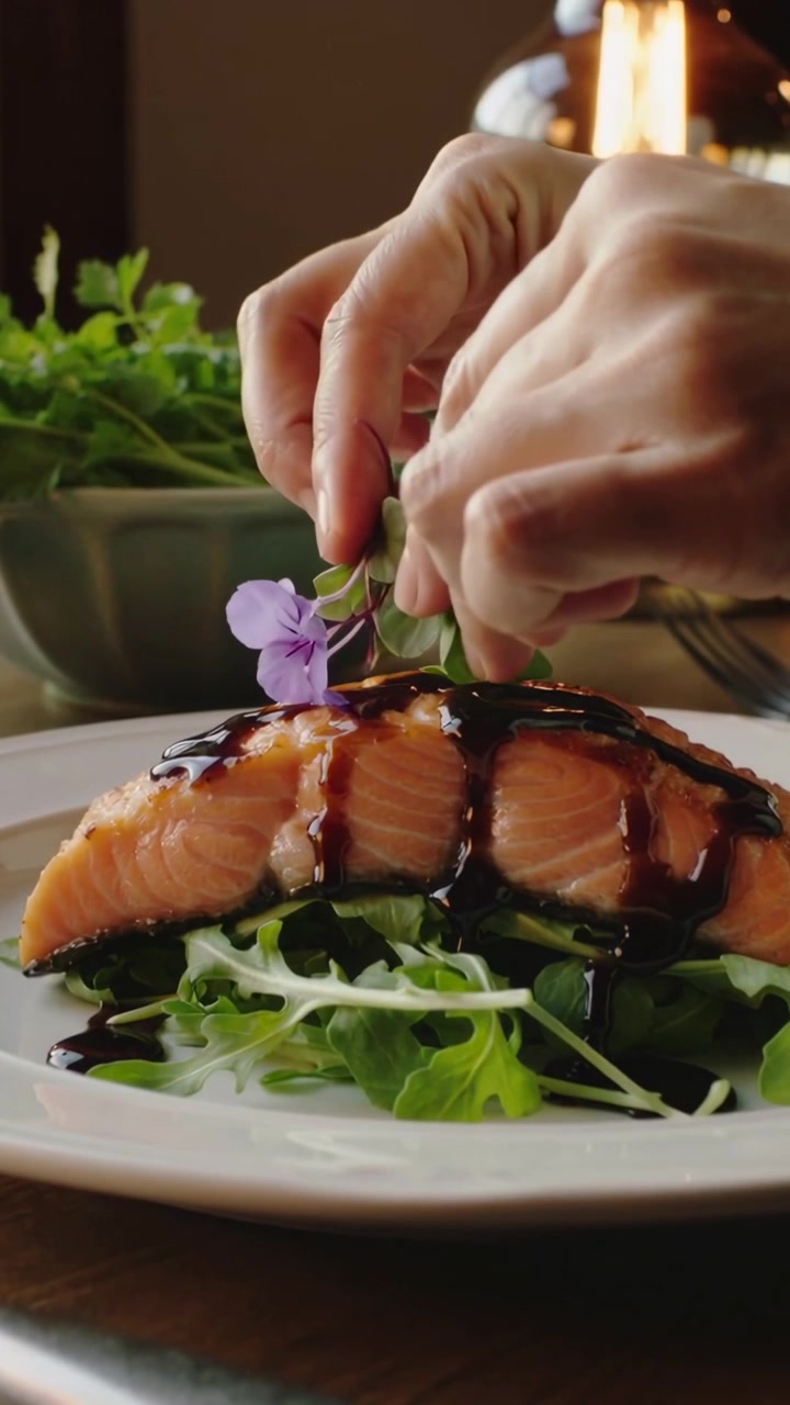 Vertical video: Placing hands entering, adding flower to glazed salmon on plate at table to serve