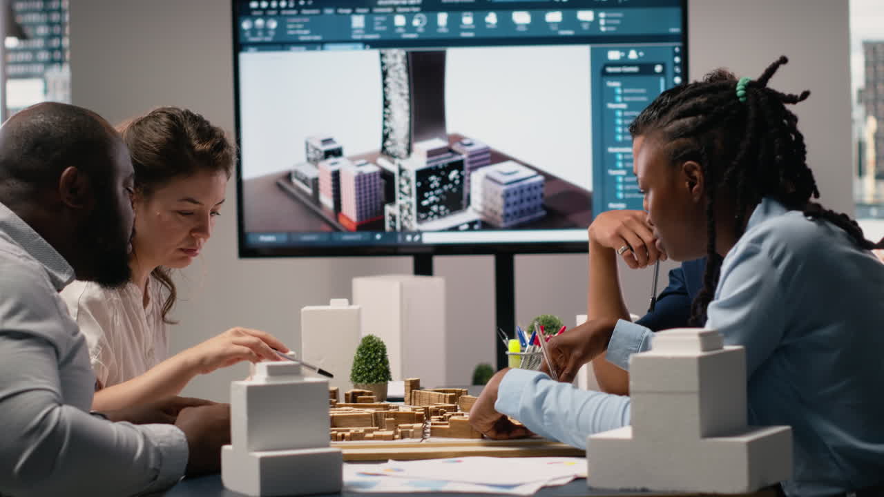 Vertical Video Real estate professionals engage in meeting to review blueprints and 3D models