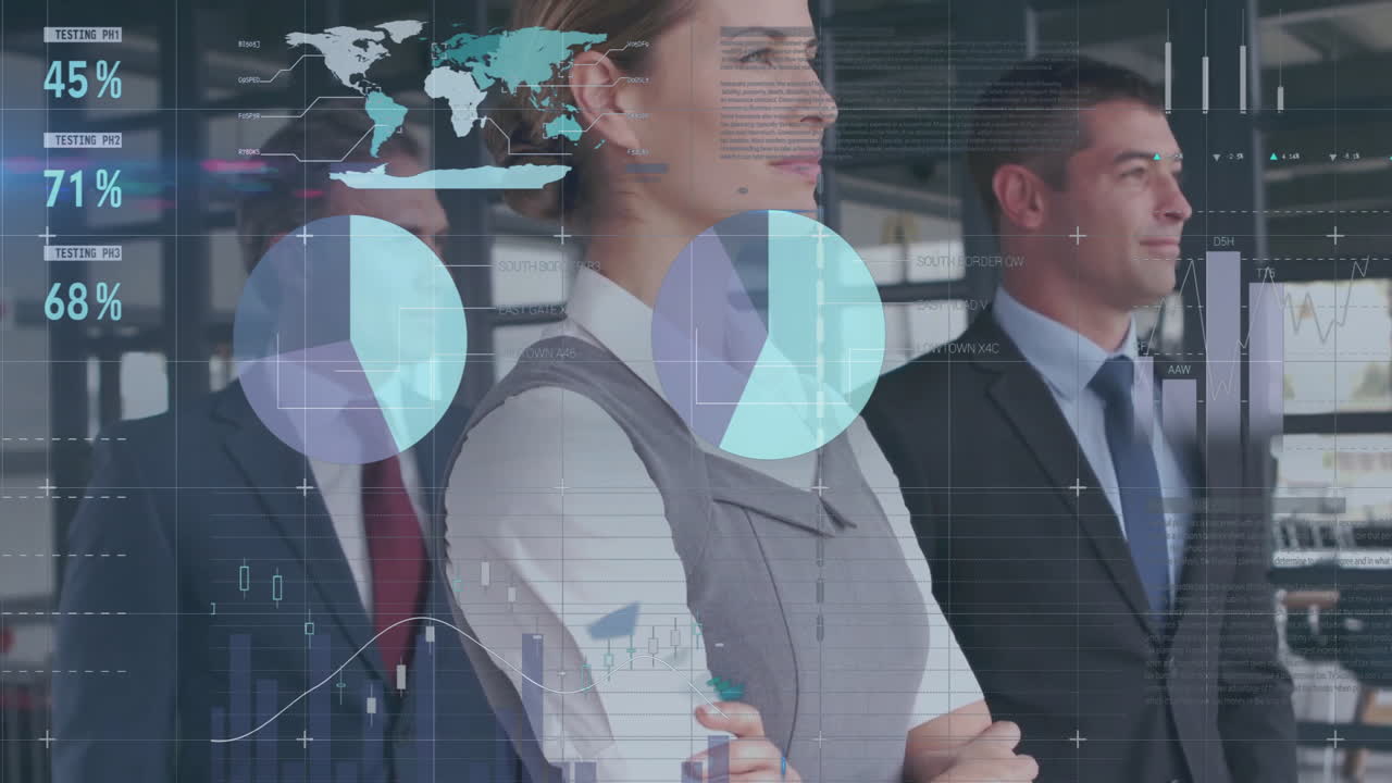 profesionales de negocios analizando datos con gráficos y animación de mapas del mundo sobre ellos