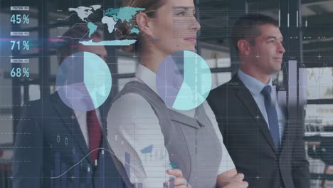 profesionales de negocios analizando datos con gráficos y animación de mapas del mundo sobre ellos