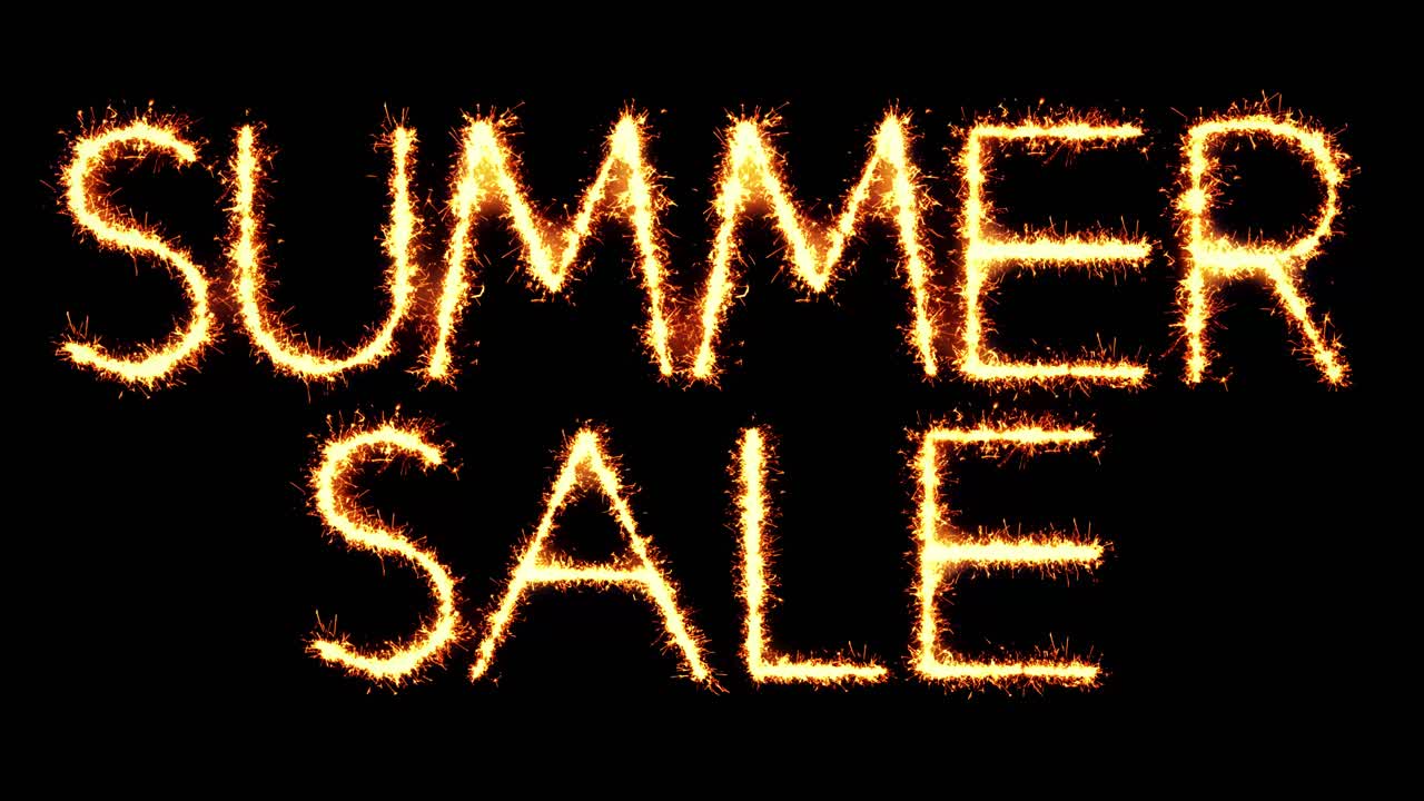 Summer sale text sparkler writing with glitter sparks particles firework on black 4k loop background