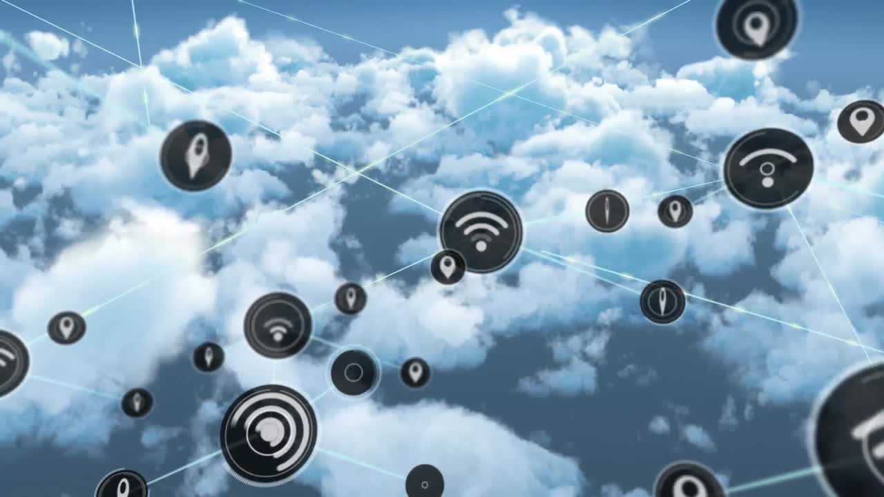 animación de la red de conexiones con iconos sobre el cielo