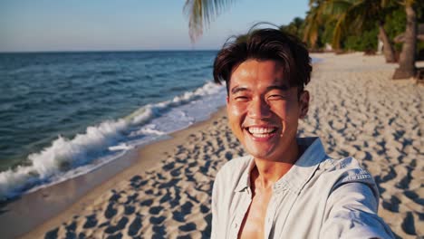 a joyful beach video capturing a man smiling widely at the camera, with the ocean and sandy shore
