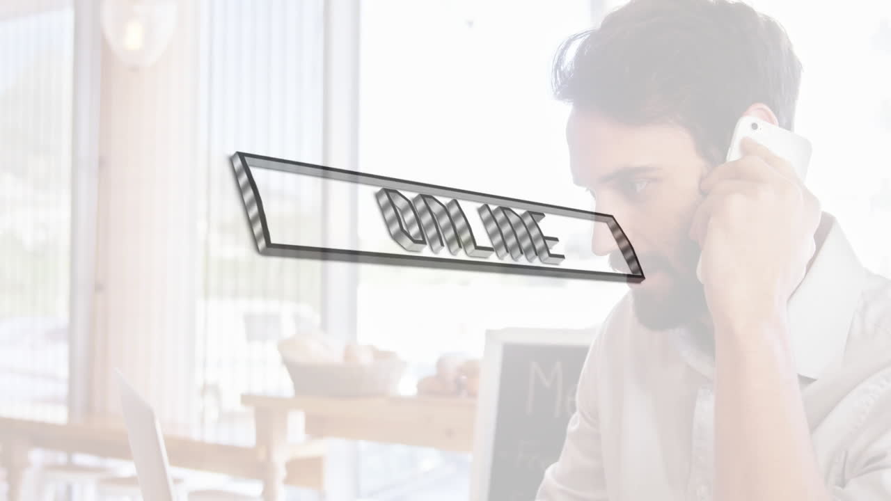Man talking on phone with ONLINE text animation over cafe background