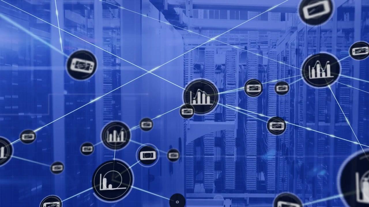 Animation of network of connections with icons over computer servers
