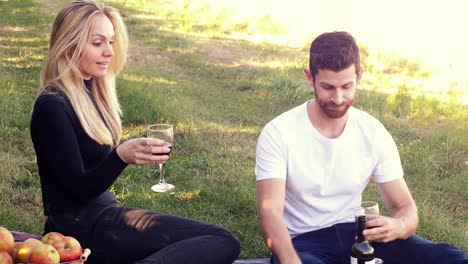 Couple-having-wine-in-orchard