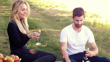 couple having wine in orchard