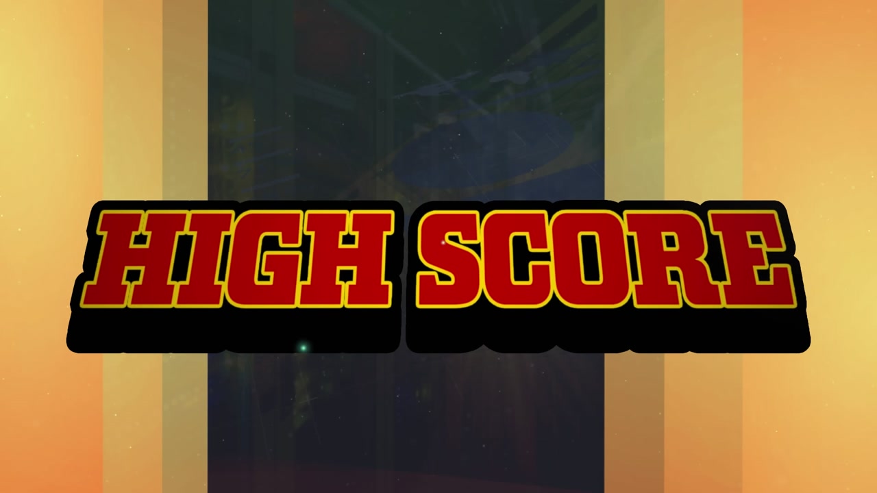 Animation of high score text banner against computer server room