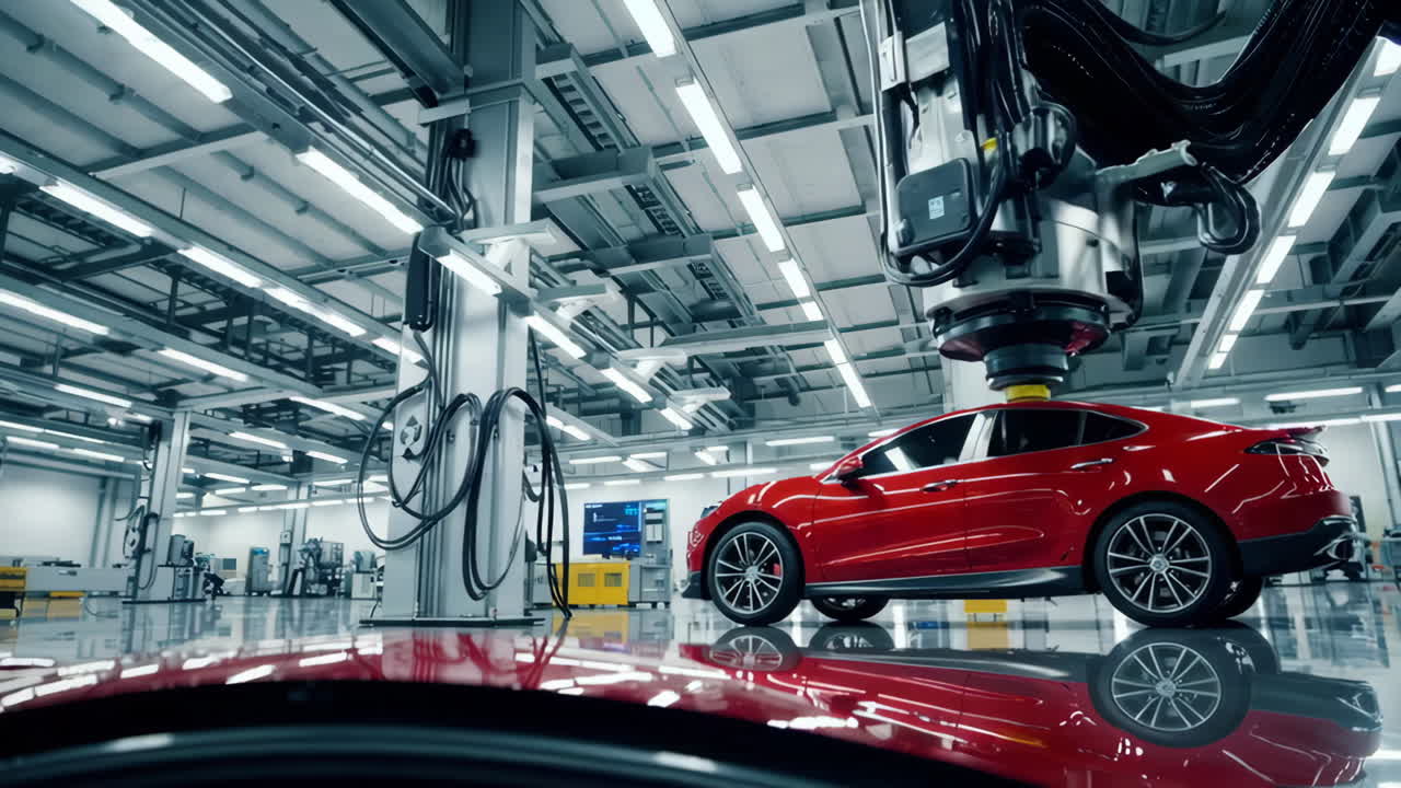 Modern Automotive Factory Assembly Line with Robot Painting a Car