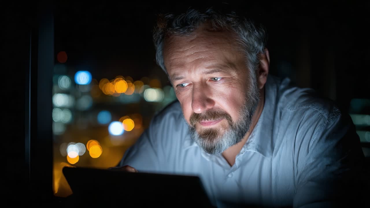 A thoughtful man gazes intently at his tablet, wrapped in a warm glow against a backdrop of city lights, immersing himself in digital discovery and contemplation