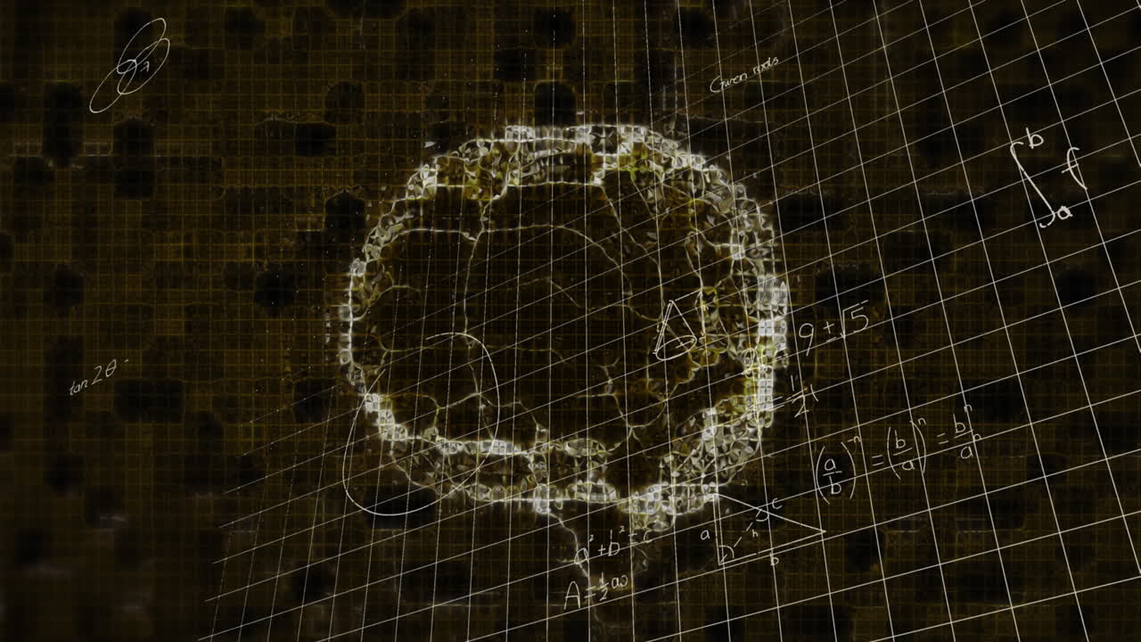 animación de ecuaciones matemáticas sobre un modelo digital del cerebro humano sobre un fondo negro
