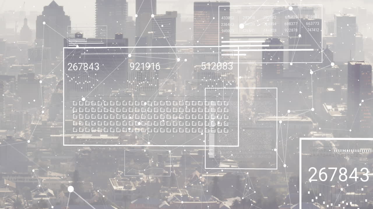 Animation of financial data processing over cityscape