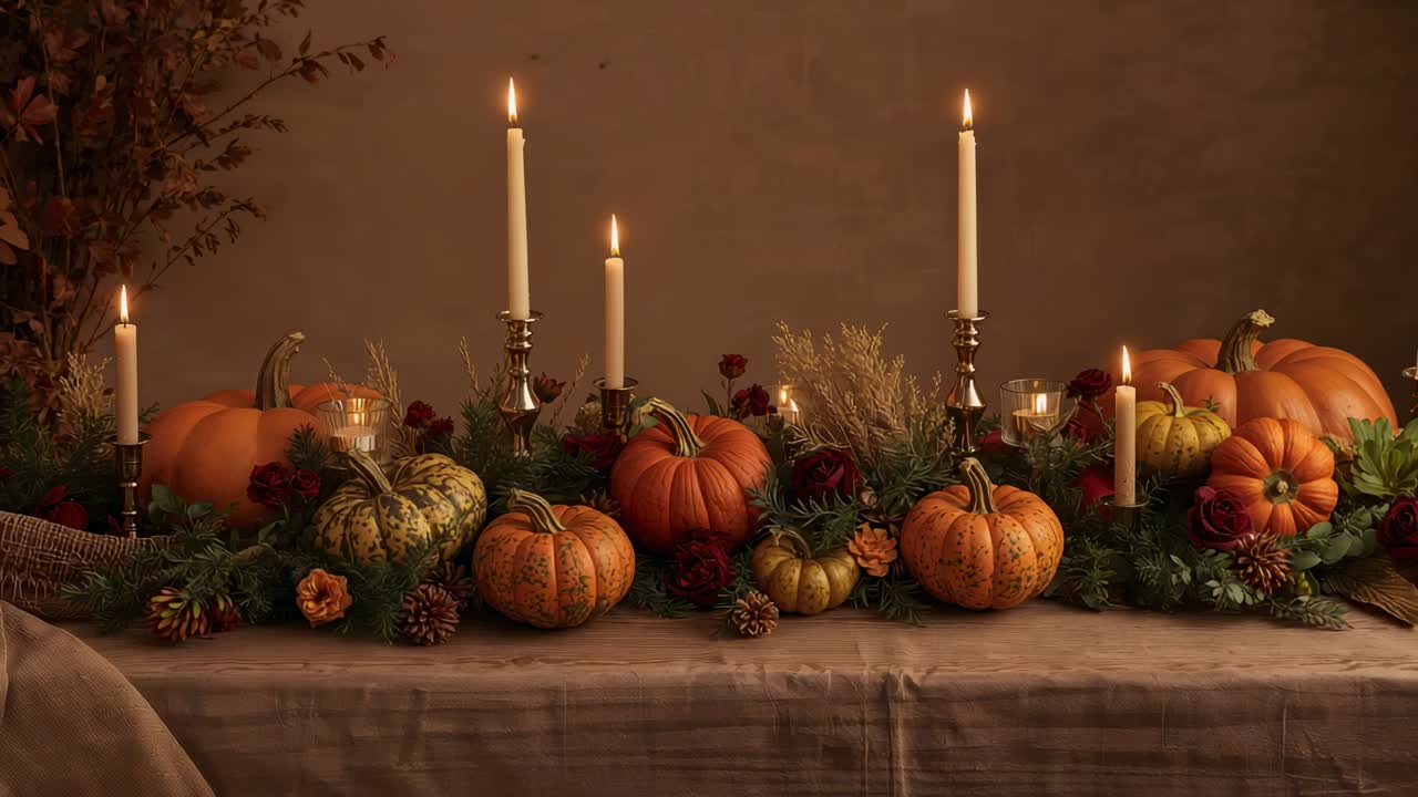 Flickering candle flames shifting with time passing, casting warm glow on linen table with pumpkins