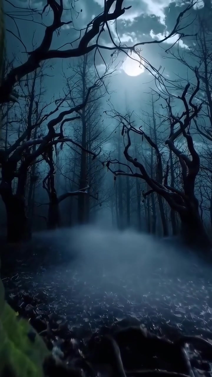 Upiorne światło księżyca oświetlające mglisty, ciemny las nocą
