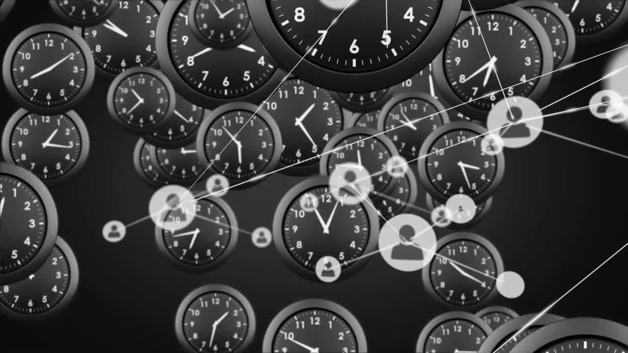 Clocks and network of user icons animation over black and white background